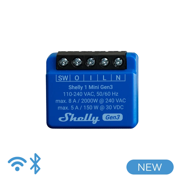 Shelly 1 Mini Gen3. Smallest Wi-Fi Smart Relay Switch, 1 channel 8A, dry  contacts