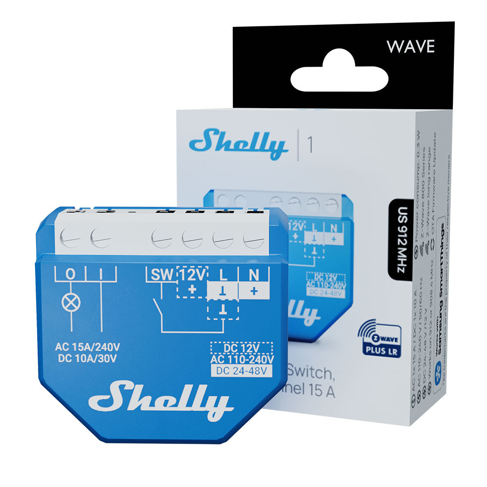 Shelly Wave 1 US LR UL. Z-Wave Long Range Smart Relay, 1-Channel 15A Dry Contact