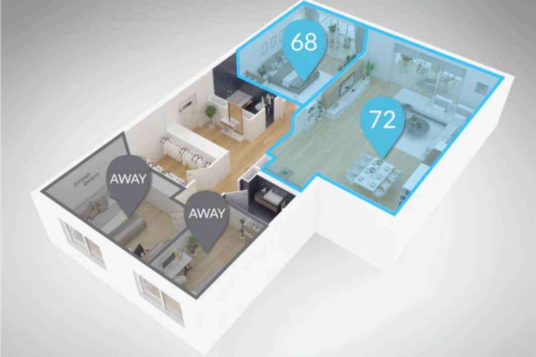 Drawing of an apartment with two rooms with heating and other empty rooms