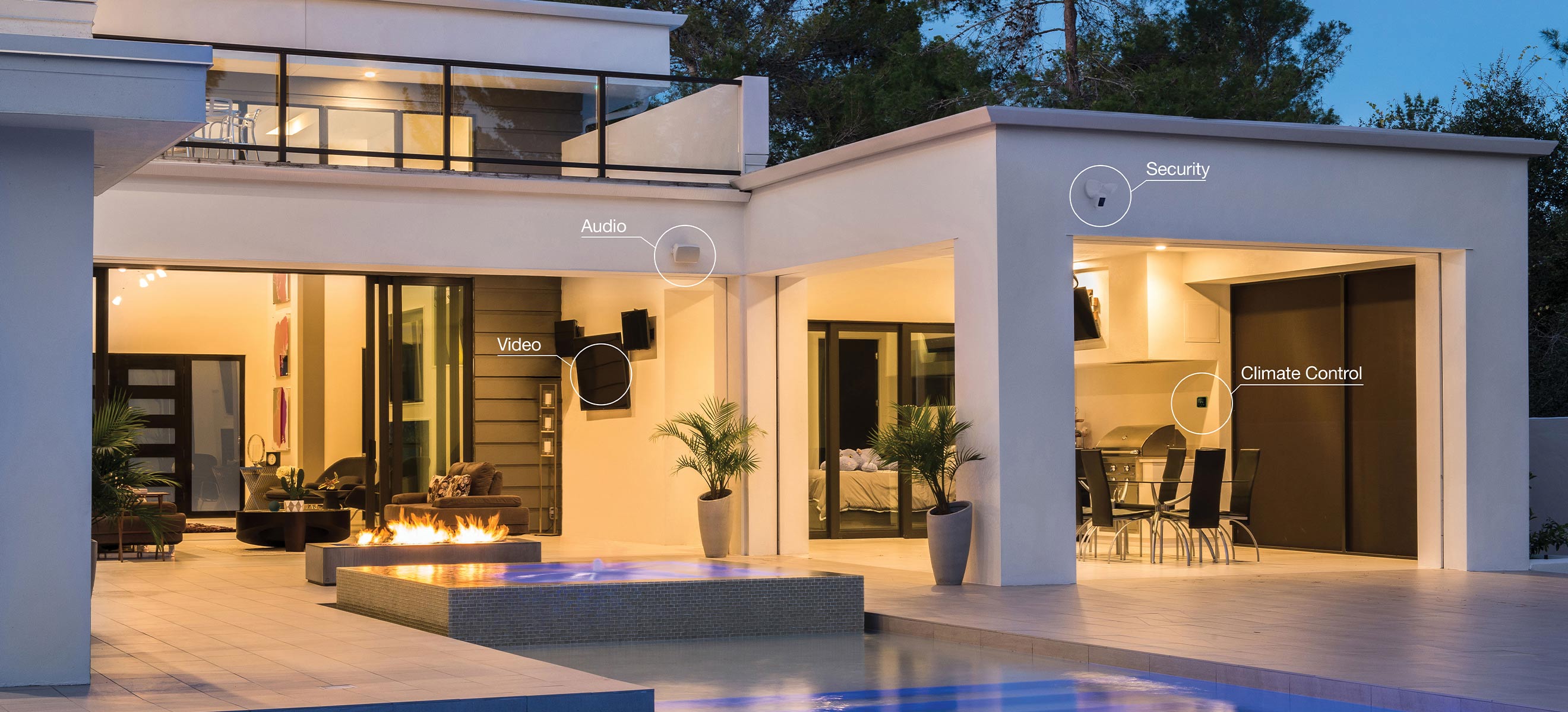 View of a house with automated audio, video, lights, and climate control