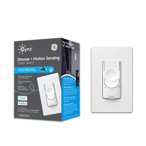 Sensor de movimiento Cync + estilo de botón de atenuación inteligente (3 cables/sin neutro) (el embalaje puede variar)