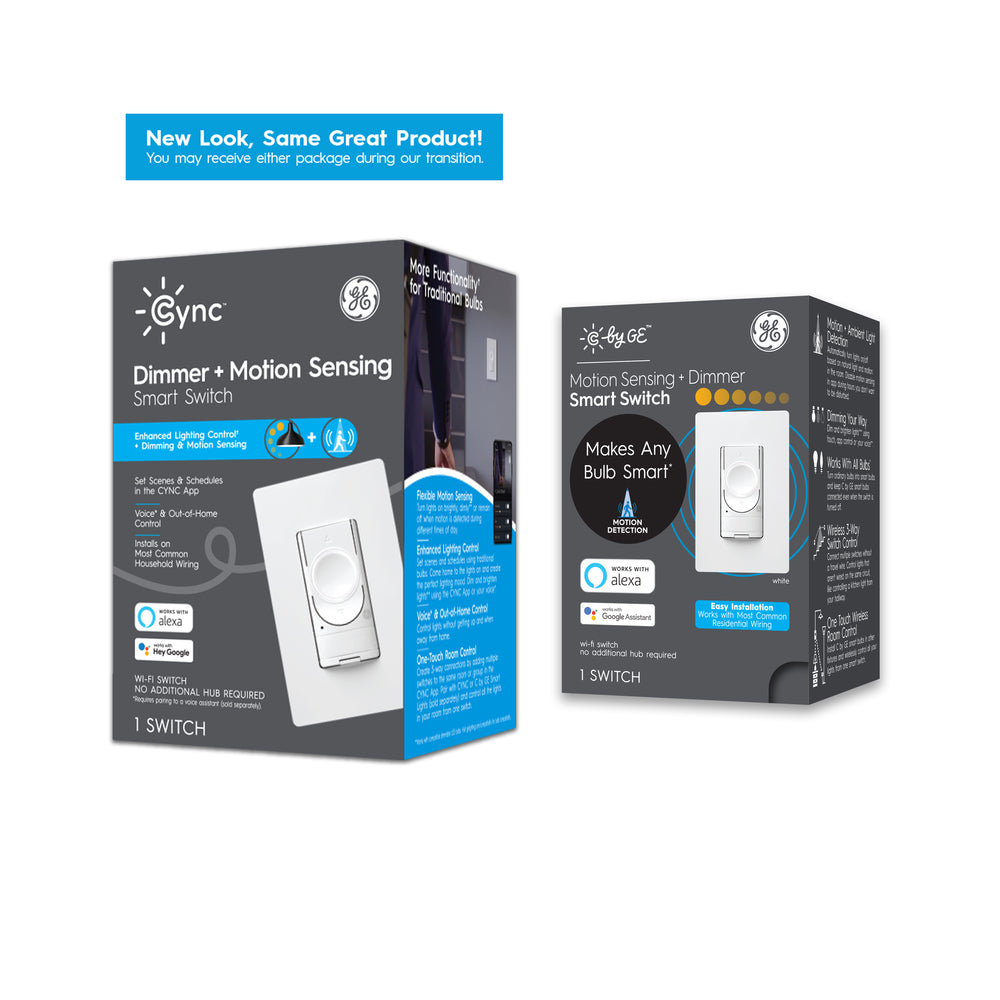 Sensor de movimiento Cync + estilo de botón de atenuación inteligente (3 cables/sin neutro) (el embalaje puede variar)