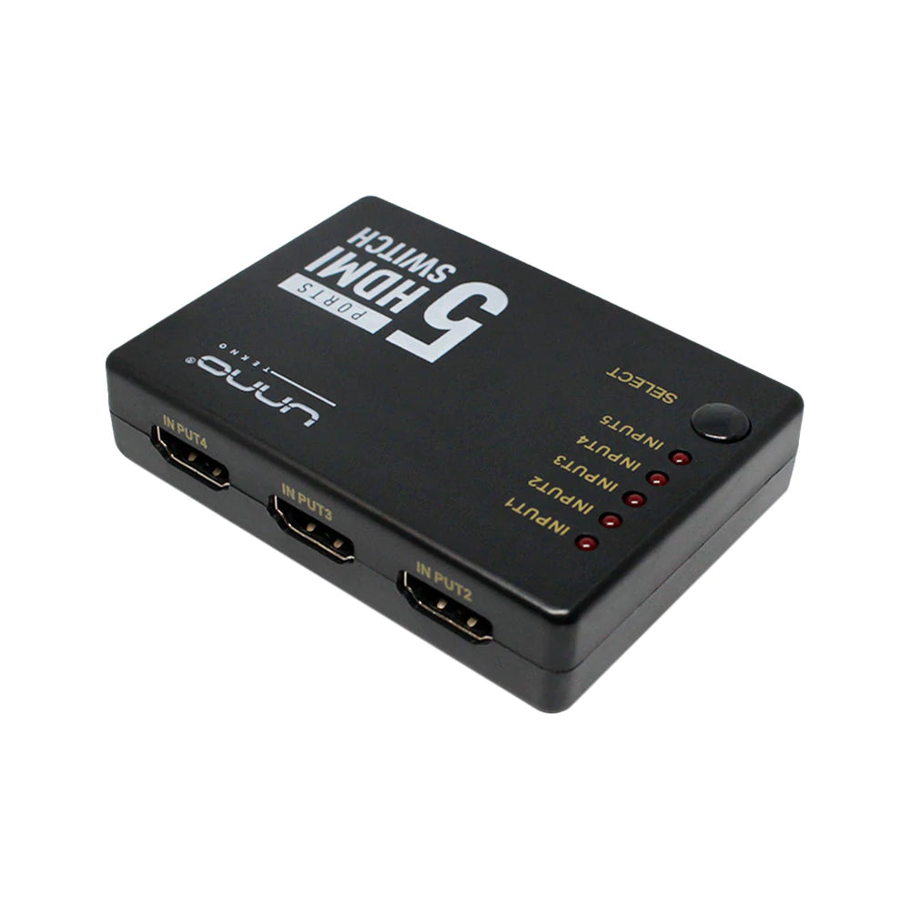 Switch HDMI 5 puertos 4K/2K - Compatible con 3D - HDMI 1.4 y HDCP 1.4 - Switch automático - Vable alimentado por USB - Control remoto con receptor IR.