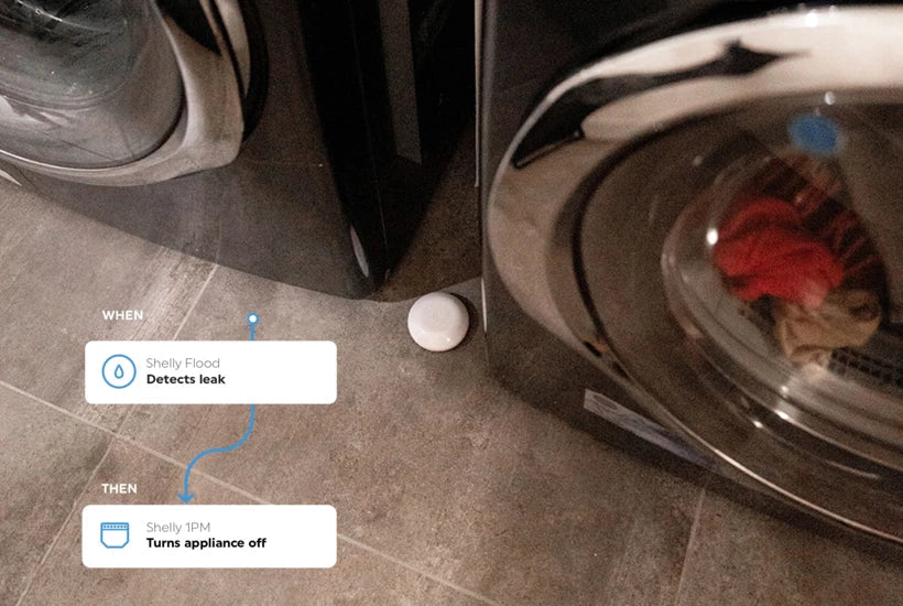 Shelly flood sensor next to a washing machine