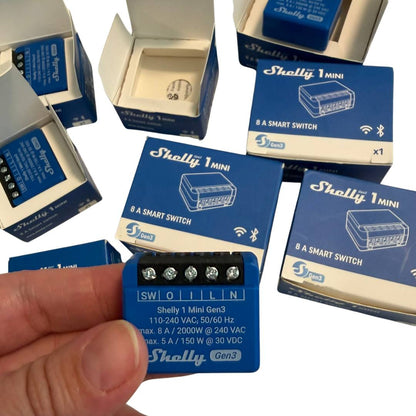 Shelly 1 Mini Gen3. El interruptor de relé inteligente Wi-Fi más pequeño, 1 canal, 8 A, contactos secos (caja abierta)