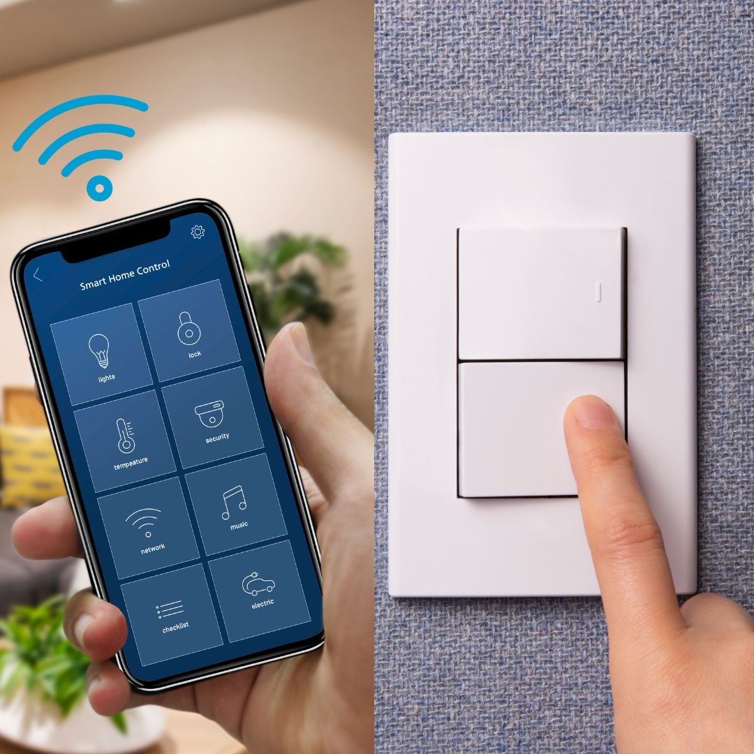 phone with smart automation app and a simple light switch