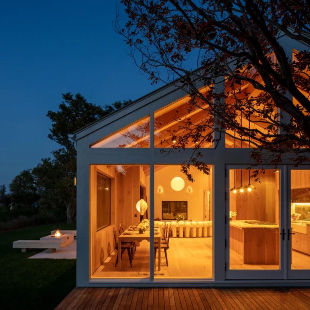 view from outside of a lit house