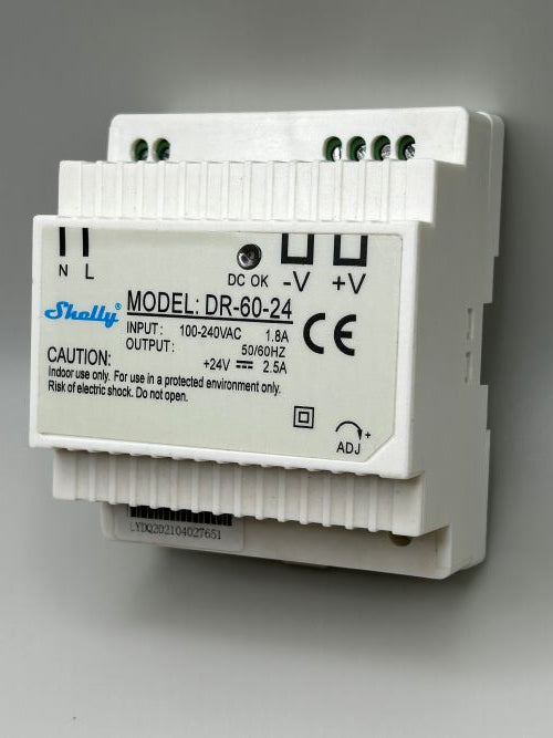 Shelly DR-60W-24V-2.5A. 60 Watt din rail 24vdc power supply, 1 year warranty, economy version