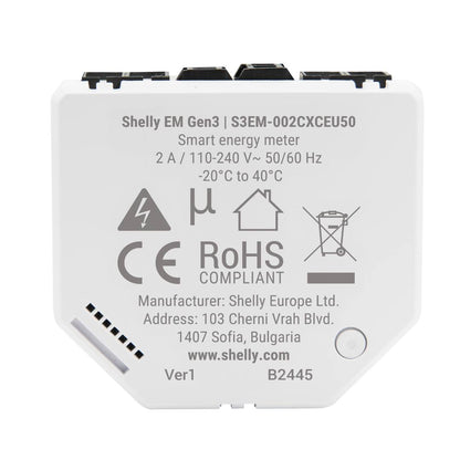 Shelly EM Gen3 50A. Smart Energy Meter with Dry Contact & Wi-Fi - Bluetooth