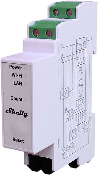 Shelly Pro 3EM-400. Smart Din Rail 3-Phase Energy Meter with 3 CT 400 Amp. Wi-Fi, LAN, and Bluetooth connection