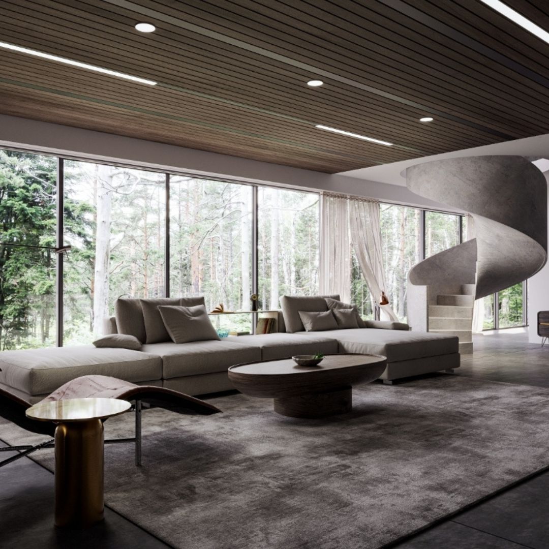 Living room, wooden ceiling illuminated with Proluxe LEDs