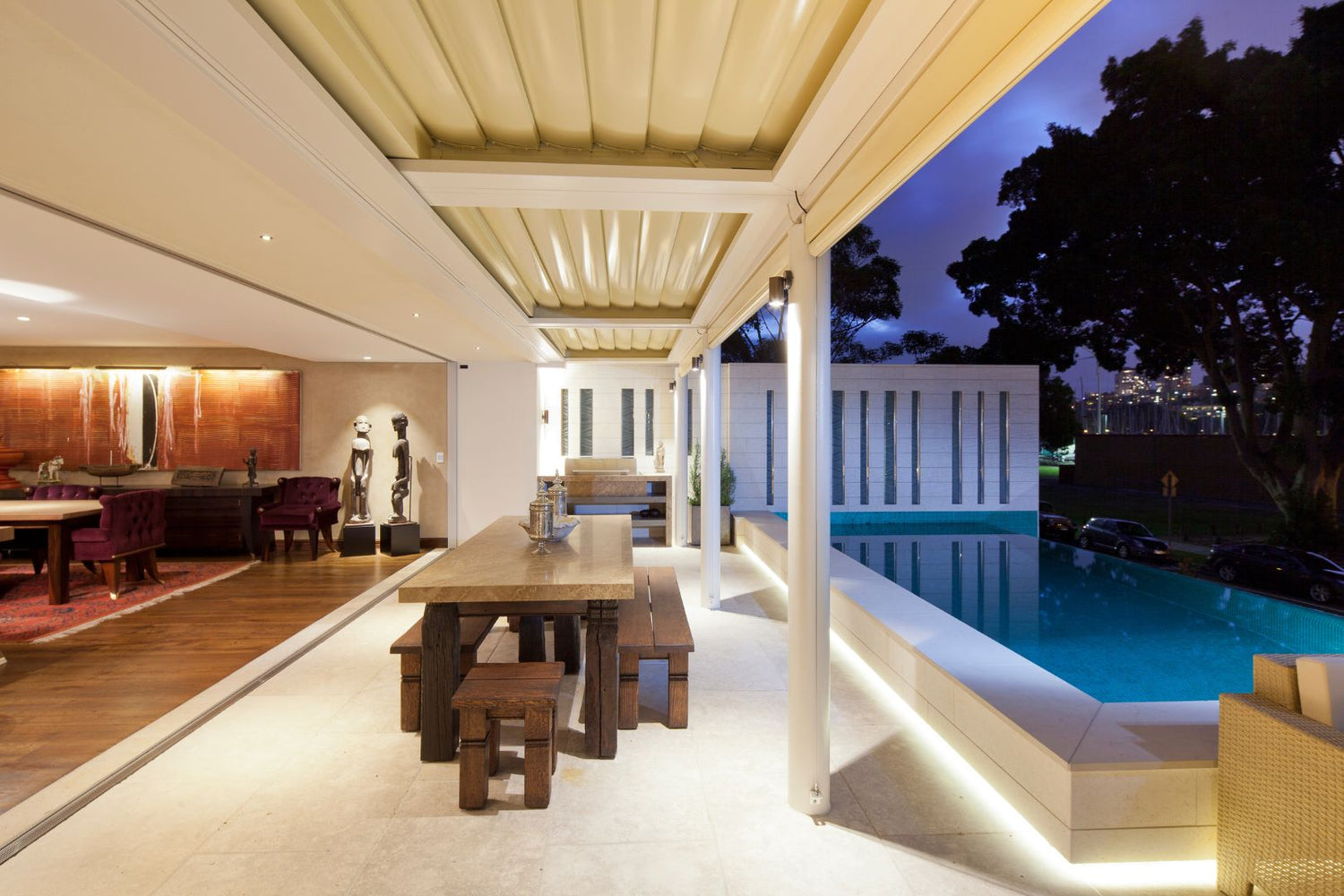 Gallery of a house, overlooking the pool, all lit with Proluxe LEDs