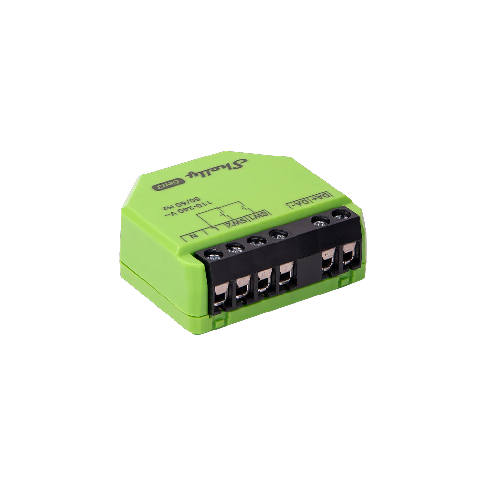 Green electronic component with connectors on a white background