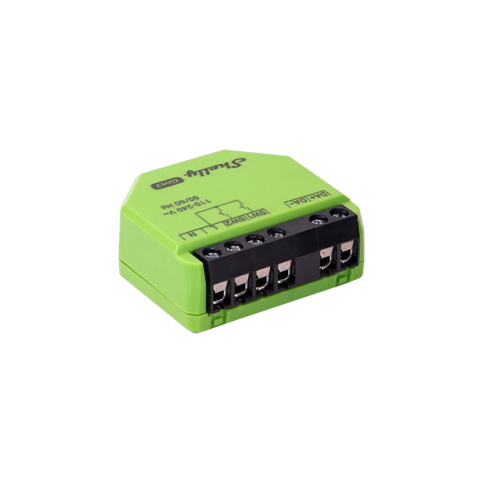 Green electronic component with connectors on a white background