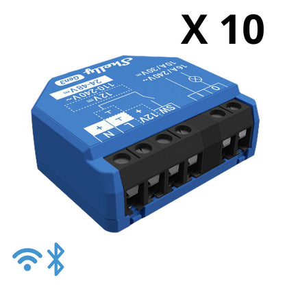 A blue and black Shelly Gen3 electronic module with terminal connectors, shown on a white background with a black 'X 10' text overlay and a blue Bluetooth icon.