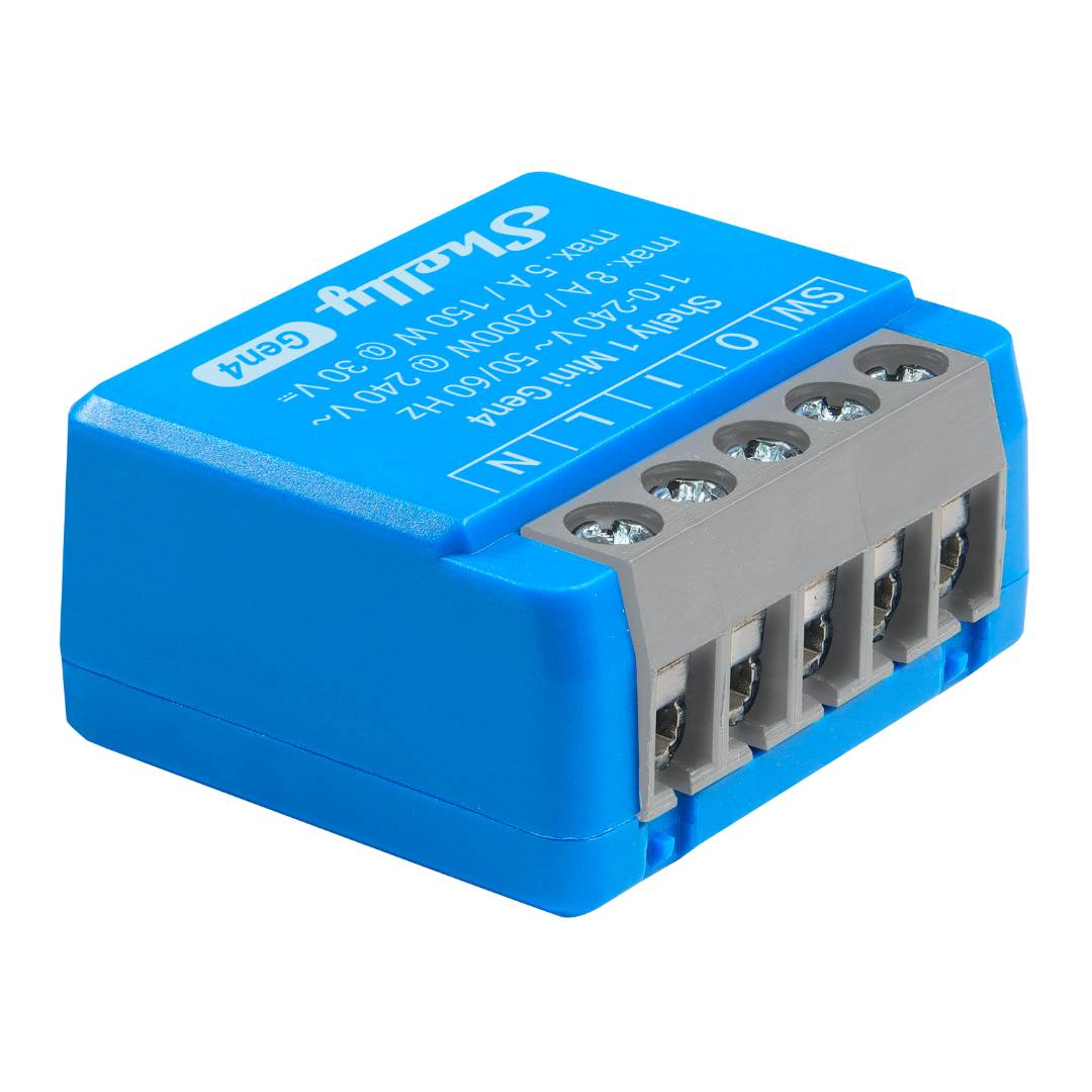 Blue electronic relay module with terminal blocks on a white background