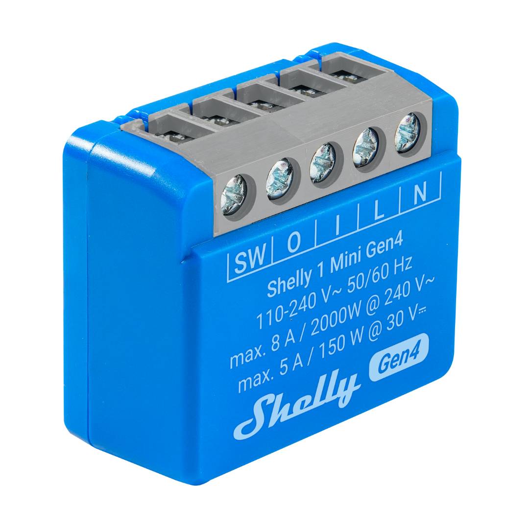 Blue electronic device with 'Shelly' branding on a white background