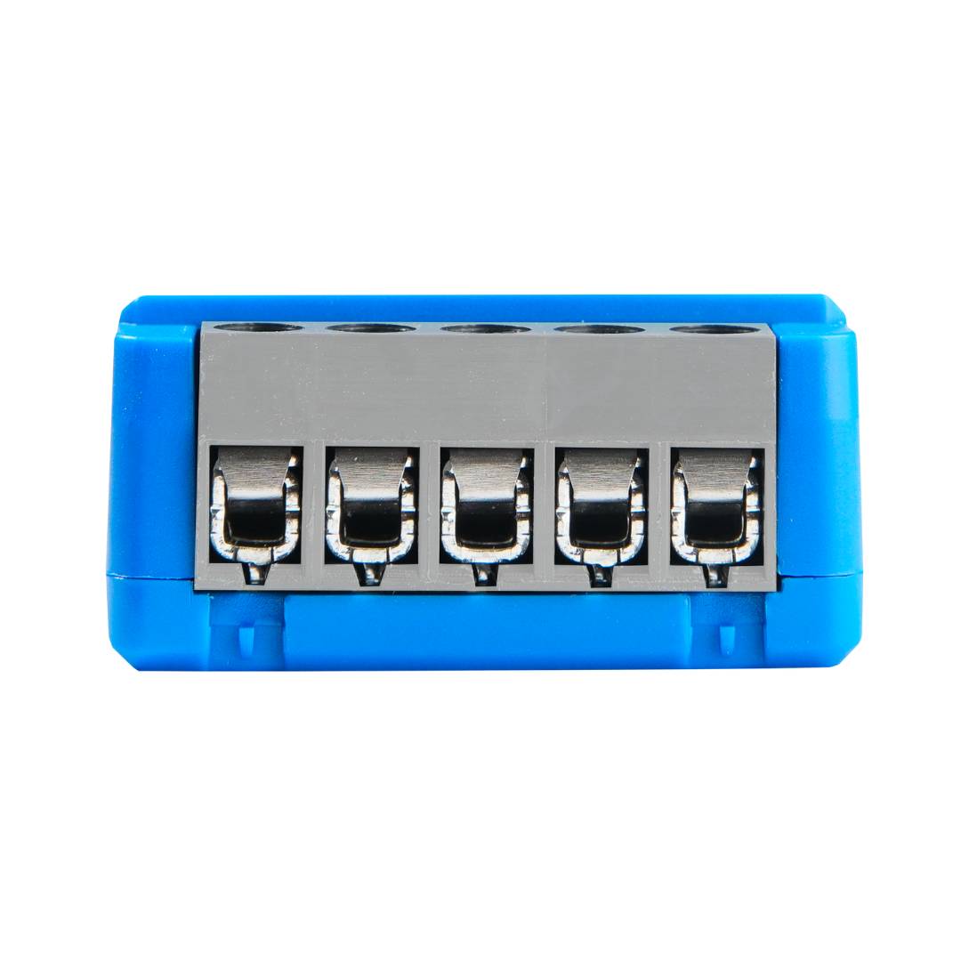 Blue and silver electrical connector on a white background