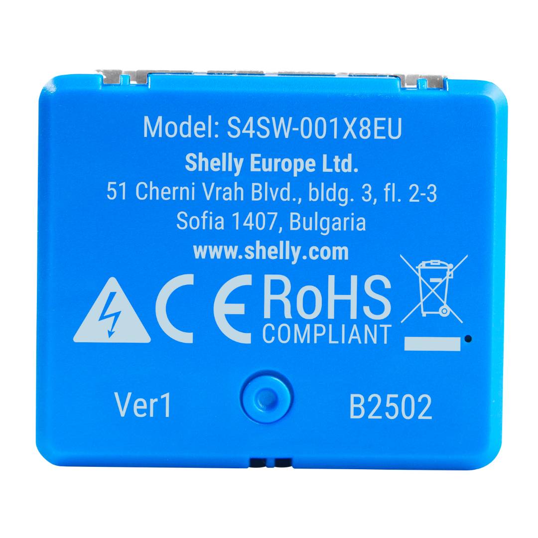 Blue electronic device with text and certification logos on a white background