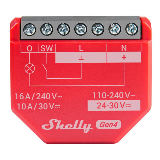 Red electronic device with wiring diagram and Shelly Gen4 branding on a white background