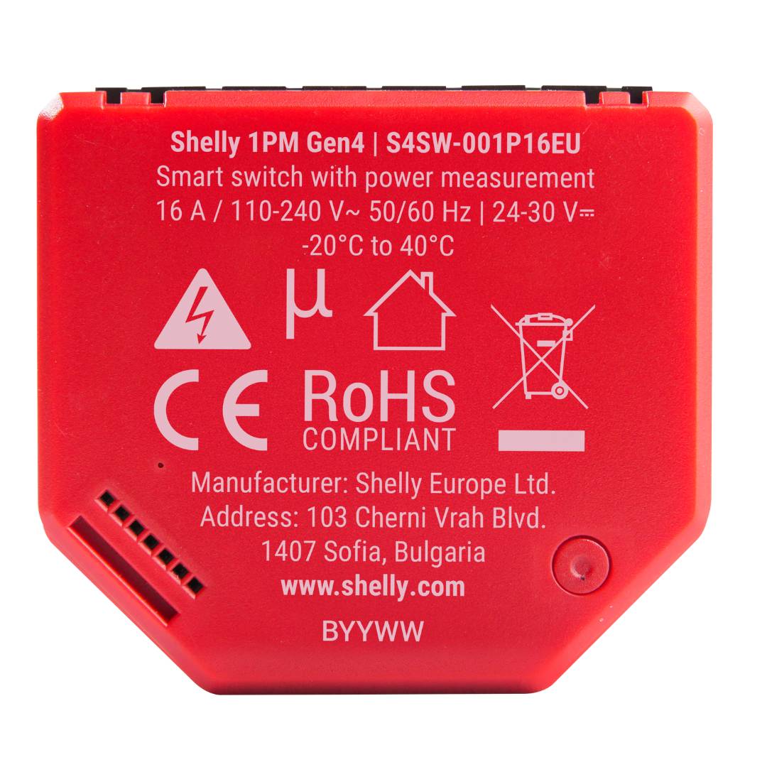 Red electronic device with text and symbols on a white background