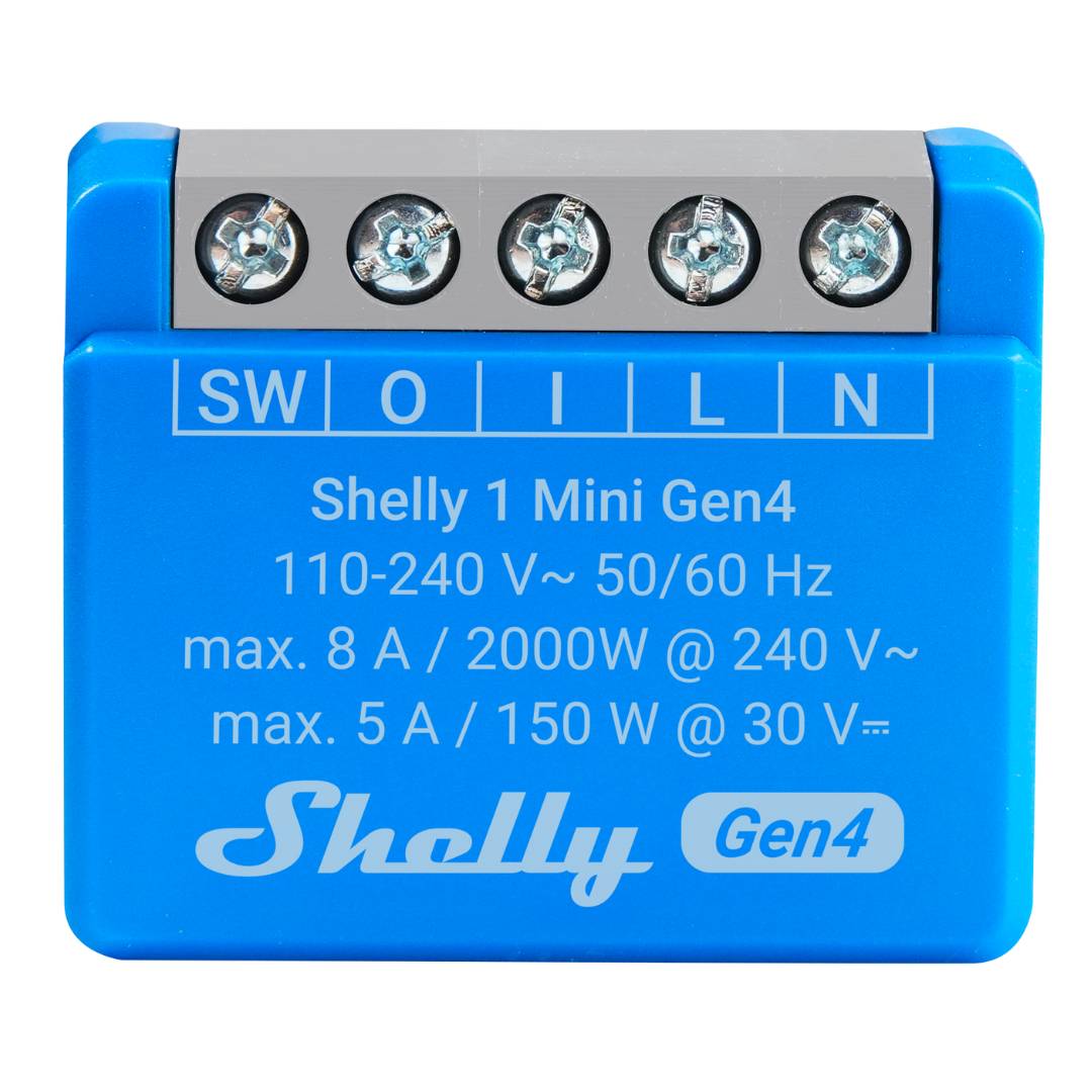Blue electronic device labeled 'Shelly 1 Mini Gen4' with technical specifications on a white background