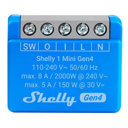 Blue electronic device labeled 'Shelly 1 Mini Gen4' with technical specifications on a white background