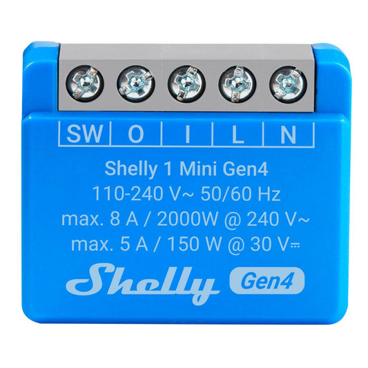Blue electronic device labeled 'Shelly 1 Mini Gen4' with technical specifications on a white background