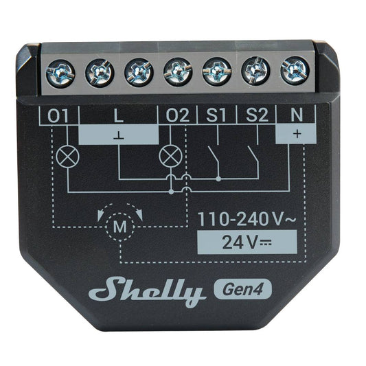 Shelly 2 PM Gen4. Wi-Fi, Zigbee, Matter & Bluetooth smart relay switch, 2-channel smart switch for control of curtains, blinds, and shutters.