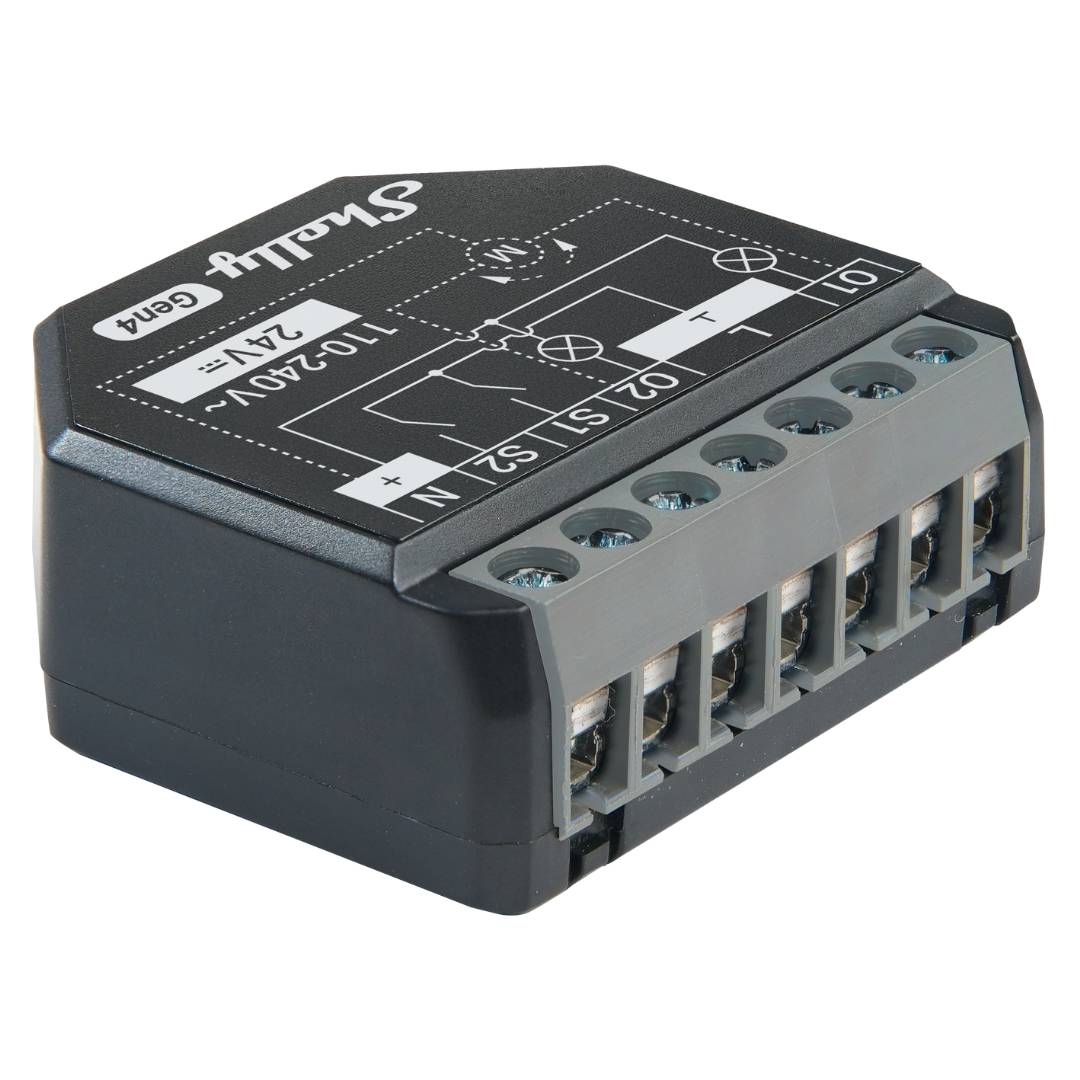 Shelly 2 PM Gen4. Wi-Fi, Zigbee, Matter & Bluetooth smart relay switch, 2-channel smart switch for control of curtains, blinds, and shutters.