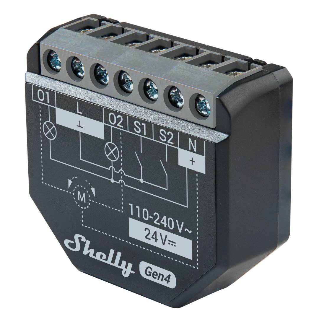 Shelly 2 PM Gen4. Wi-Fi, Zigbee, Matter & Bluetooth smart relay switch, 2-channel smart switch for control of curtains, blinds, and shutters.