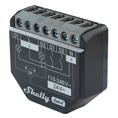 Shelly 2 PM Gen4. Wi-Fi, Zigbee, Matter & Bluetooth smart relay switch, 2-channel smart switch for control of curtains, blinds, and shutters.