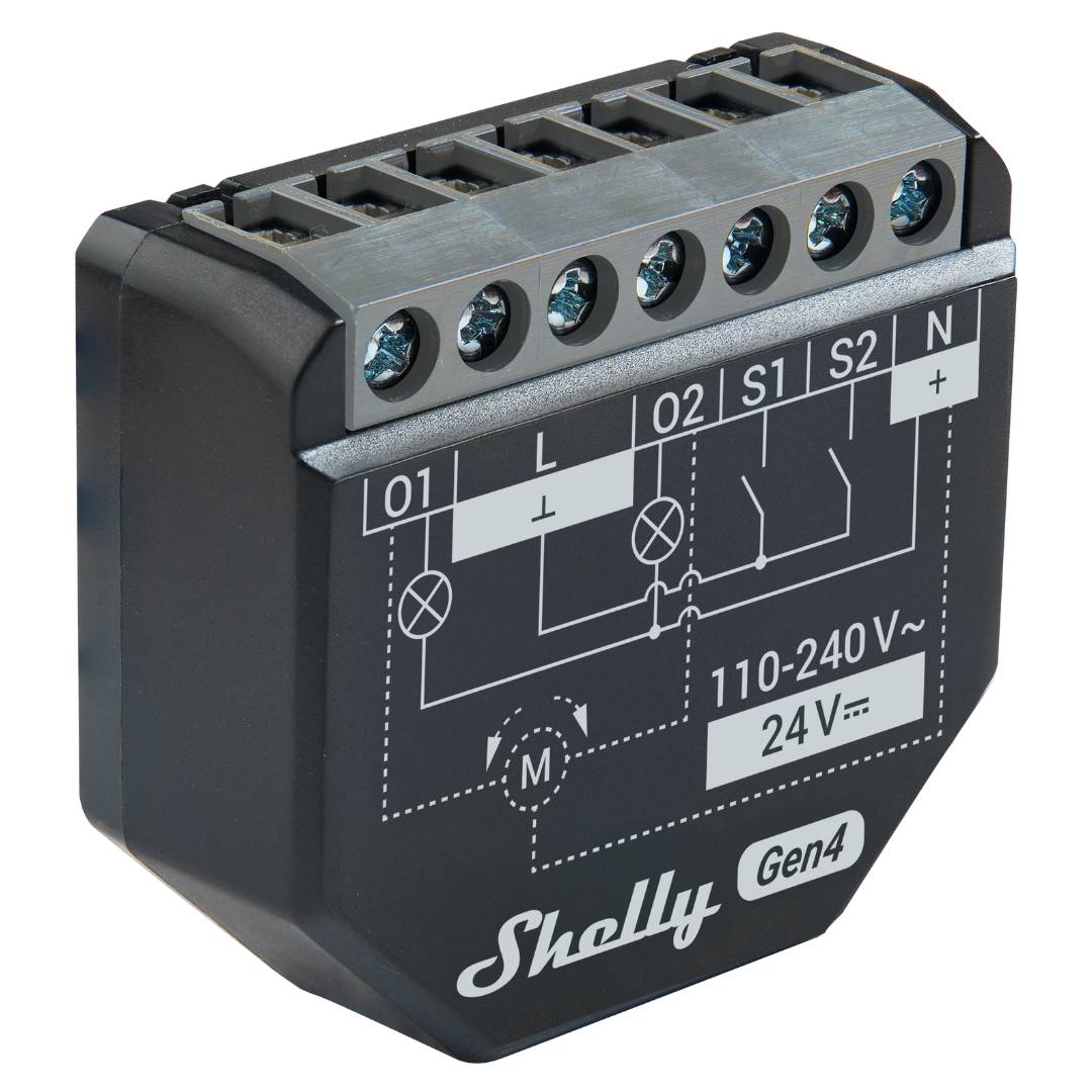 Shelly 2 PM Gen4. Wi-Fi, Zigbee, Matter & Bluetooth smart relay switch, 2-channel smart switch for control of curtains, blinds, and shutters.