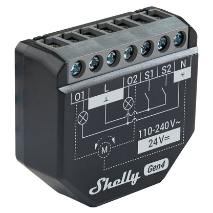 Shelly 2 PM Gen4. Wi-Fi, Zigbee, Matter & Bluetooth smart relay switch, 2-channel smart switch for control of curtains, blinds, and shutters.