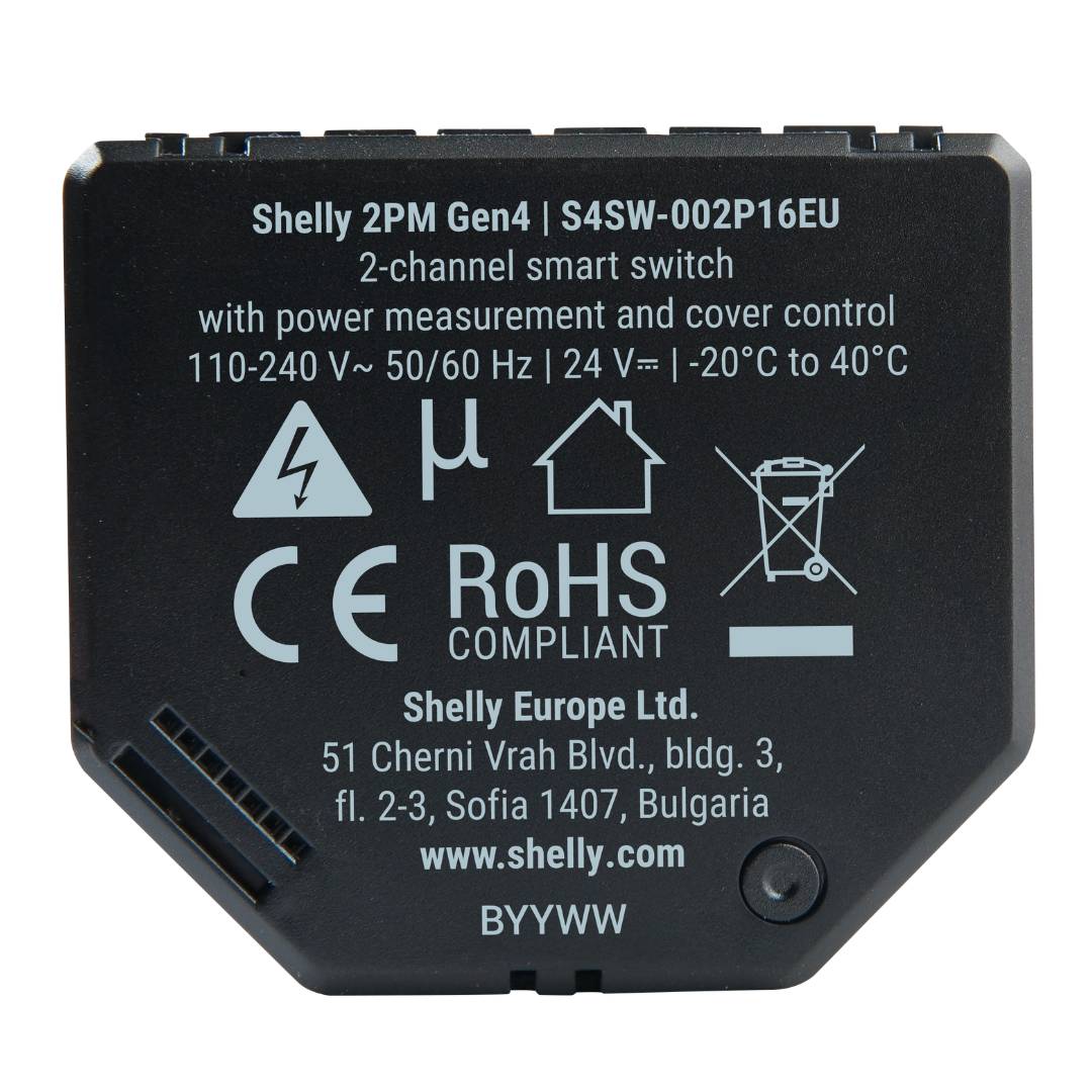 Shelly 2 PM Gen4. Wi-Fi, Zigbee, Matter & Bluetooth smart relay switch, 2-channel smart switch for control of curtains, blinds, and shutters.