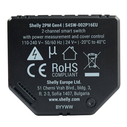 Shelly 2 PM Gen4. Wi-Fi, Zigbee, Matter & Bluetooth smart relay switch, 2-channel smart switch for control of curtains, blinds, and shutters.
