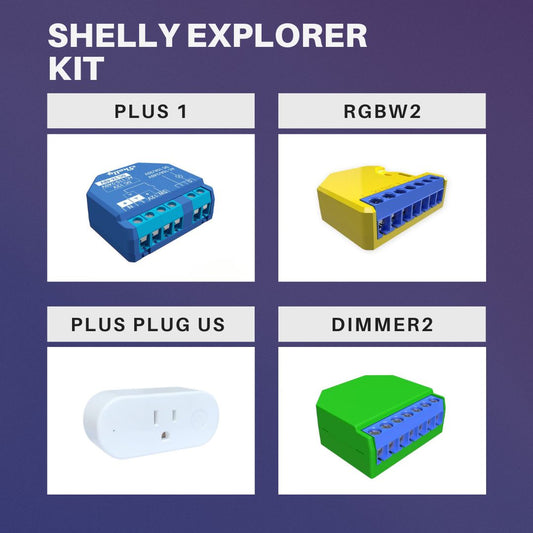 shelly explorer kit. Plus 1, rgbw2, plus plug us, dimmer2