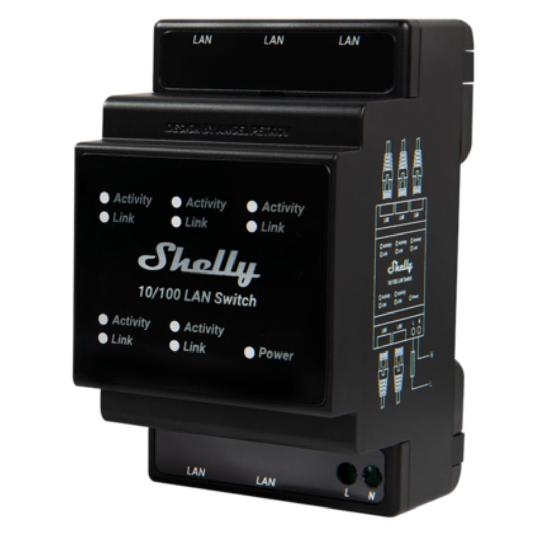 Shelly LAN Switch. DIN-mountable Ethernet switch with 5 RJ45 ports ...