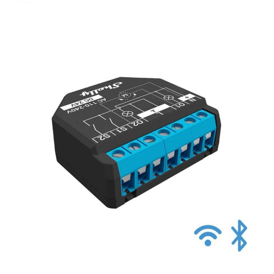 Shelly Plus 2PM. One-phase, two channel smart relay with power consumption supporting up to 10A per channel and 16A total current (18A peak).