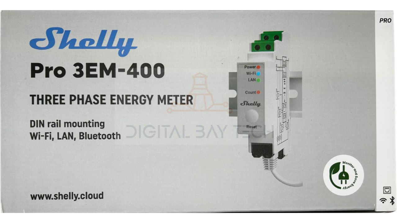Shelly Pro 3EM-400. Smart Din Rail 3-Phase Energy Meter with 3 CT 400 Amp. Wi-Fi, LAN, and Bluetooth connection