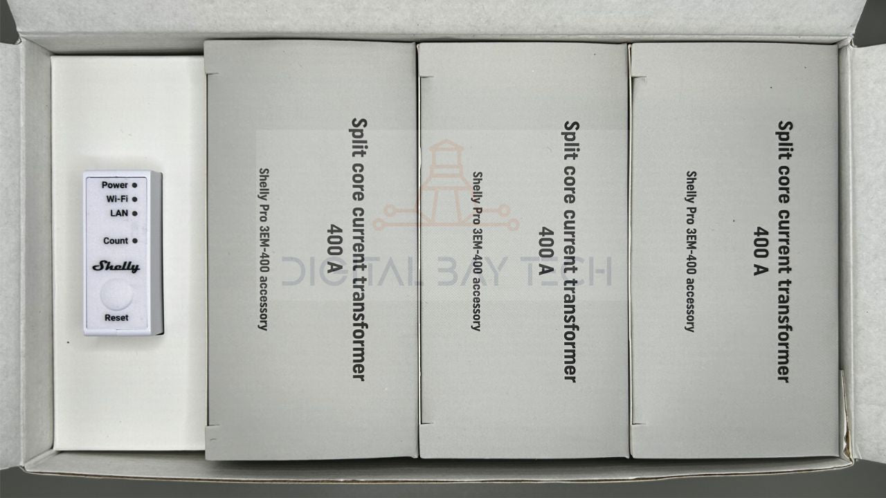 Shelly Pro 3EM-400. Smart Din Rail 3-Phase Energy Meter with 3 CT 400 Amp. Wi-Fi, LAN, and Bluetooth connection