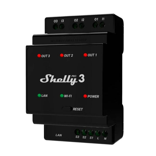Shelly Pro 3. Professional 3-channels DIN rail smart relay switch up to 48A with Wi-Fi, LAN and Bluetooth connection