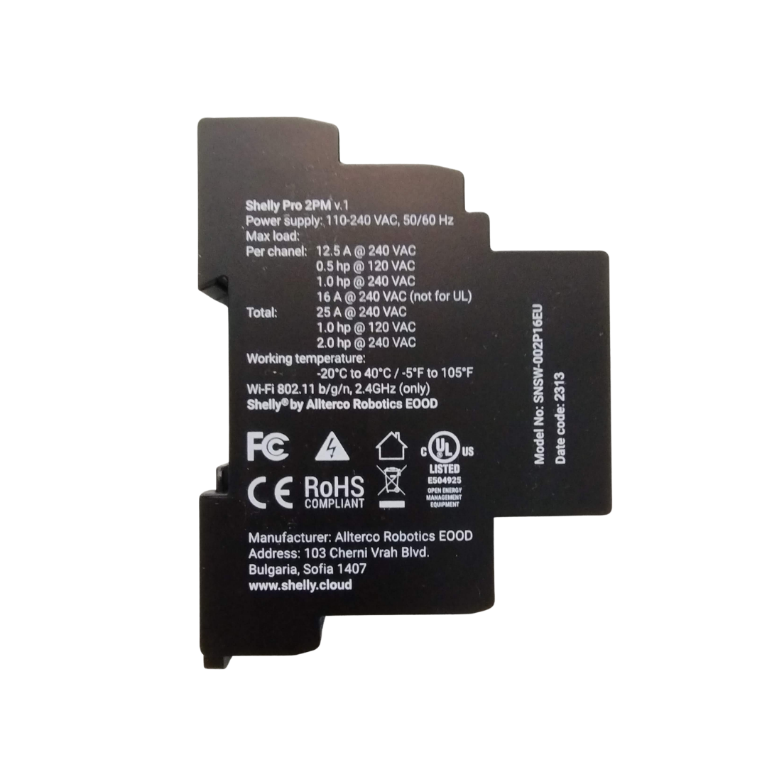 Relé inteligente profesional Shelly Pro 2PM UL de doble canal para riel DIN con monitorización de potencia, LAN, Wi-Fi y Bluetooth.
