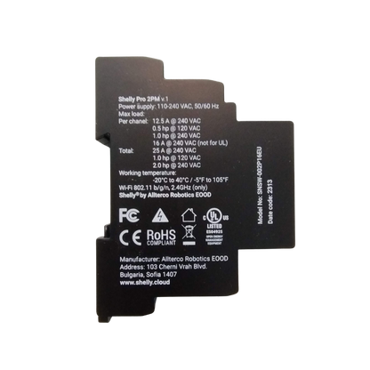 Relé inteligente profesional Shelly Pro 2PM UL de doble canal para riel DIN con monitorización de potencia, LAN, Wi-Fi y Bluetooth.