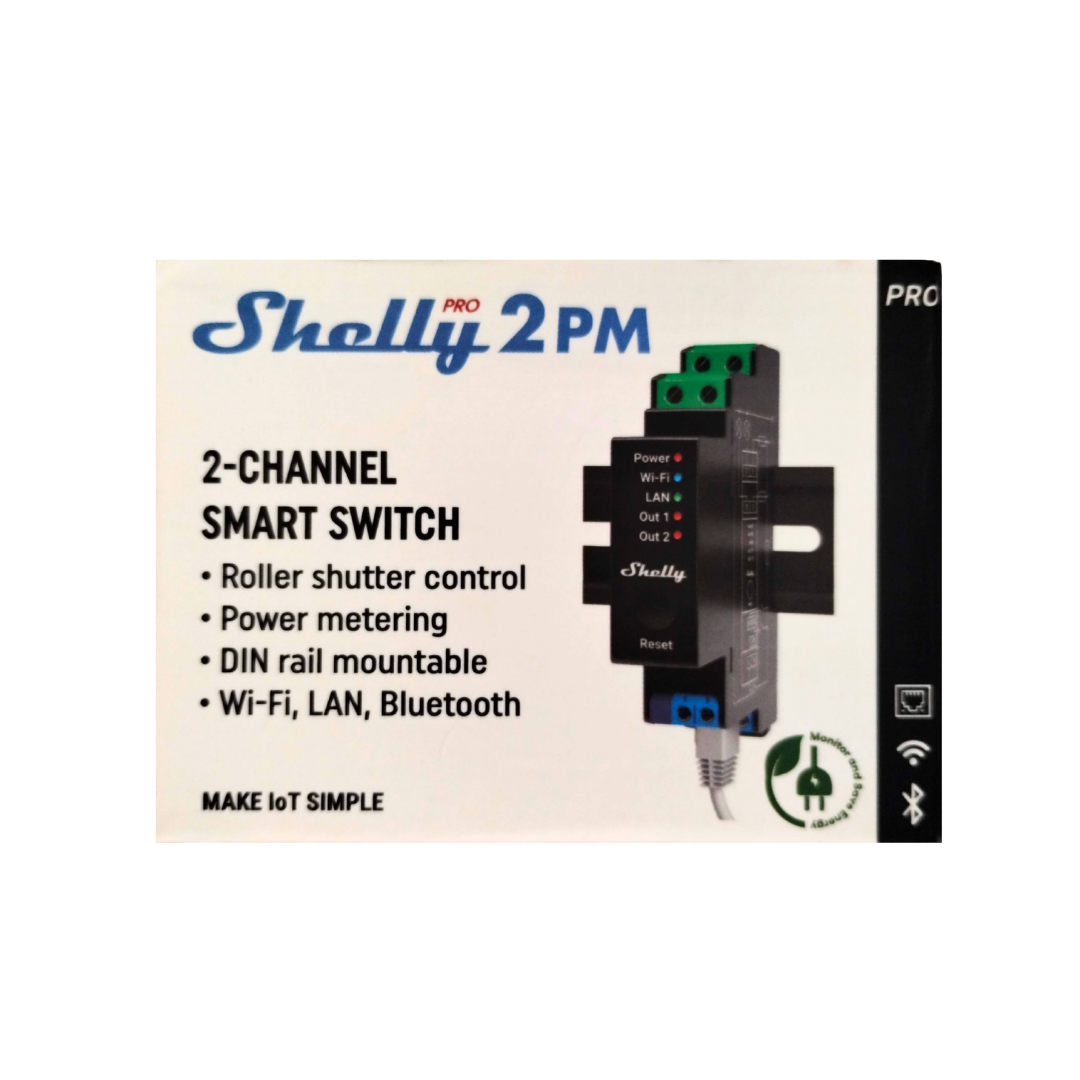 Relé inteligente profesional Shelly Pro 2PM UL de doble canal para riel DIN con monitorización de potencia, LAN, Wi-Fi y Bluetooth.