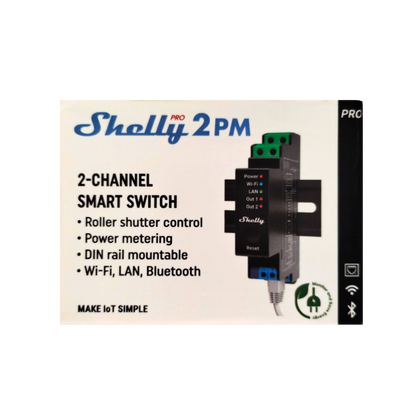 Relé inteligente profesional Shelly Pro 2PM UL de doble canal para riel DIN con monitorización de potencia, LAN, Wi-Fi y Bluetooth.