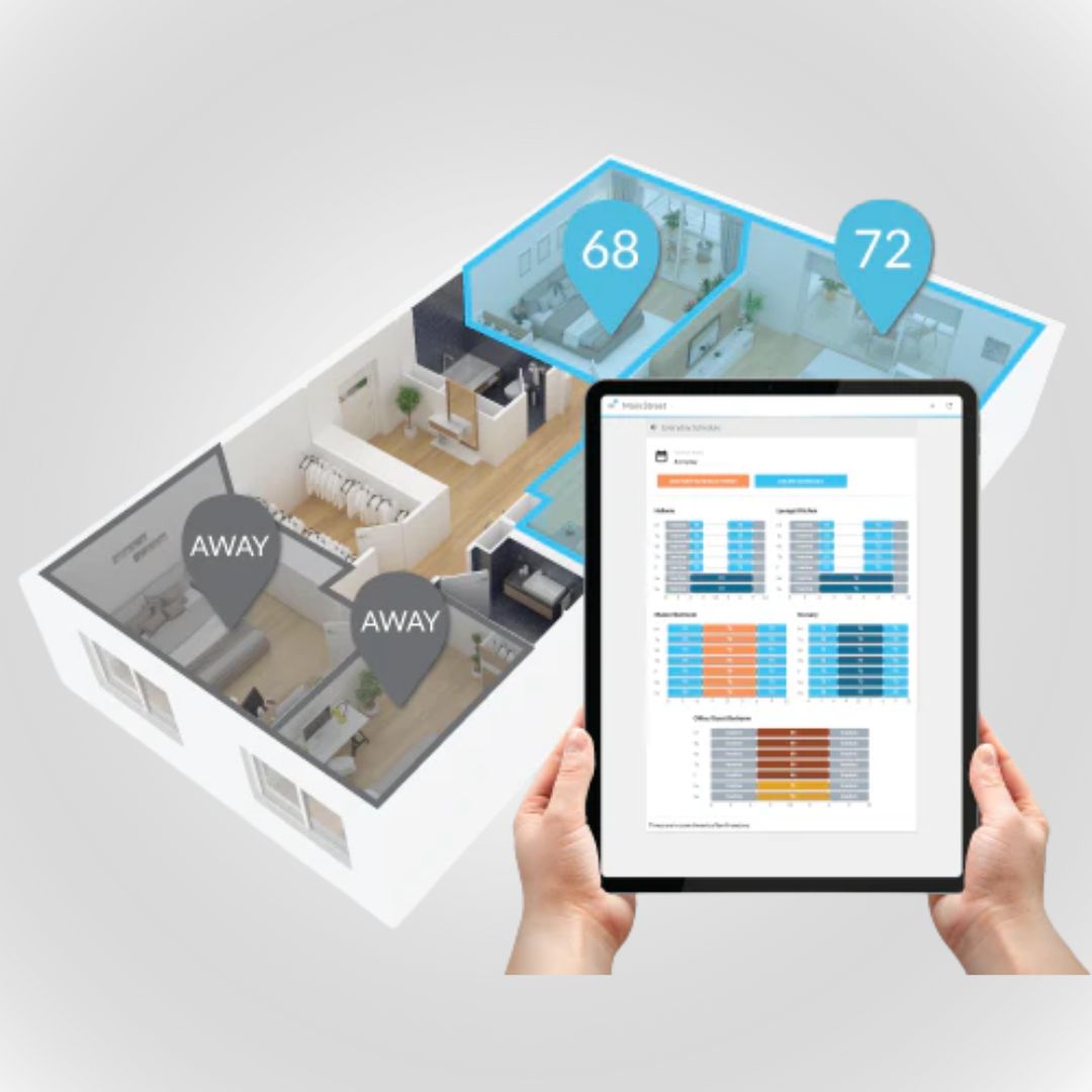 drawing of an apartment with hands holding a tablet