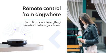 Bond Bridge - Woman using a smartphone with text 'Remote control from anywhere' on a white background