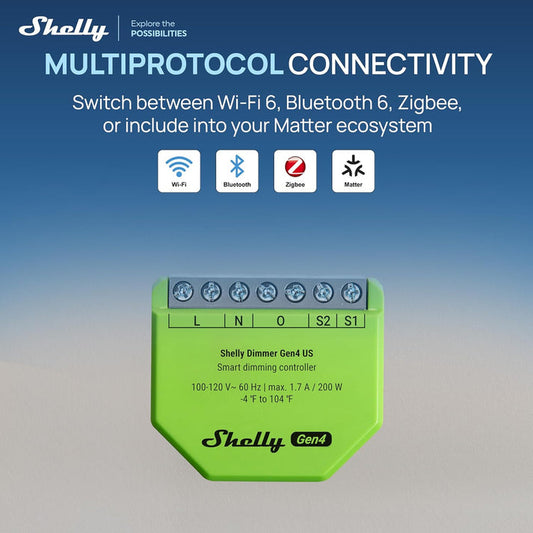 Shelly Dimmer Gen4 US UL-Certified – Smart Wi-Fi, Zigbee & Matter Dimmer Controller (Open Box)