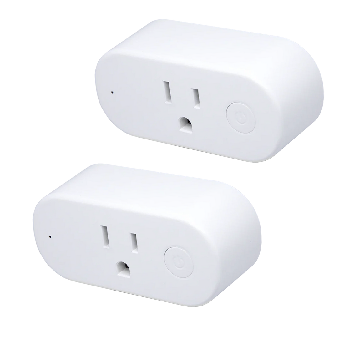Two white smart plugs on a white background
